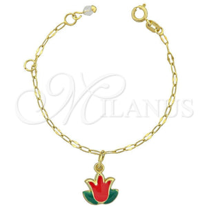 Pulsera de Dije 03.16.0011 Oro Laminado, Diseño de Flor, Esmaltado Multicolor, Tono Dorado (6 Inches Length)