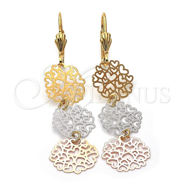 Arete Largo 5.114.017 Oro Laminado, Diseño de Corazón, Pulido, Tres Tonos