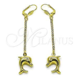 Arete Largo 5.100.014 Oro Laminado, Diseño de Delfín, con Blanca Cristal, Pulido, Tono Dorado