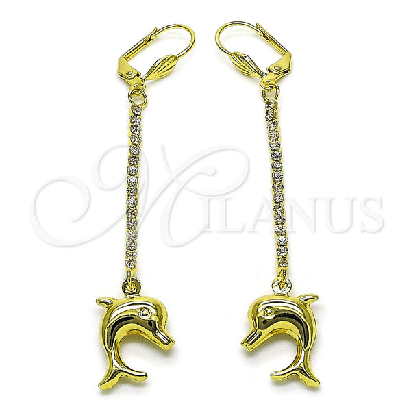Arete Largo 5.100.014 Oro Laminado, Diseño de Delfín, con Blanca Cristal, Pulido, Tono Dorado