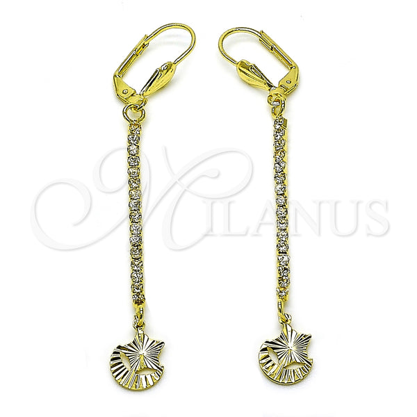 Arete Largo 5.104.018 Oro Laminado, Diseño de Estrella y Luna, con Blanca Cristal, Diamantado, Tono Dorado