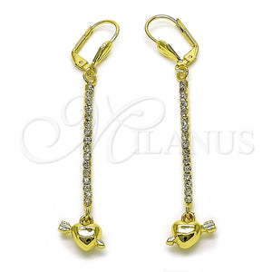Arete Largo 5.111.001 Oro Laminado, Diseño de Corazón y Flecha, con Blanca Cristal, Pulido, Tono Dorado