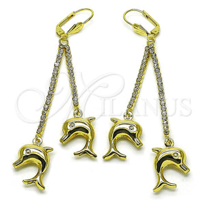 Arete Largo 5.067.001 Oro Laminado, Diseño de Delfín, con Blanca Zirconia Cubica and Blanca Cristal, Pulido, Tono Dorado