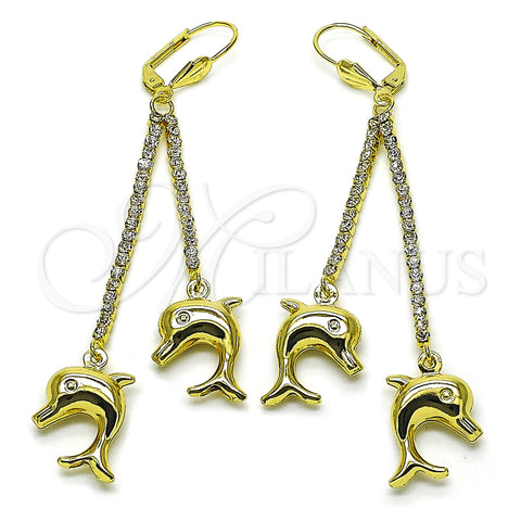 Arete Largo 5.067.001 Oro Laminado, Diseño de Delfín, con Blanca Zirconia Cubica and Blanca Cristal, Pulido, Tono Dorado
