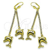 Arete Largo 5.067.001 Oro Laminado, Diseño de Delfín, con Blanca Zirconia Cubica and Blanca Cristal, Pulido, Tono Dorado