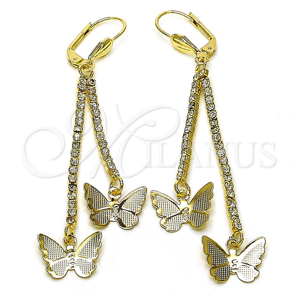 Arete Largo 5.071.011 Oro Laminado, Diseño de Mariposa, con Blanca Cristal, Pulido, Tono Dorado