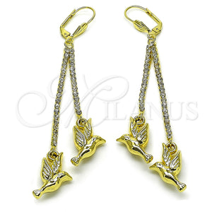 Arete Largo 5.100.008 Oro Laminado, Diseño de Pajaro, con Blanca Cristal, Pulido, Tono Dorado