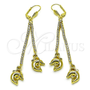 Arete Largo 5.100.002 Oro Laminado, Diseño de Delfín, con Blanca Cristal, Pulido, Tono Dorado