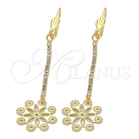 Arete Largo 5.087.001 Oro Laminado, Diseño de Flor, con Blanca Zirconia Cubica, Diamantado, Tono Dorado