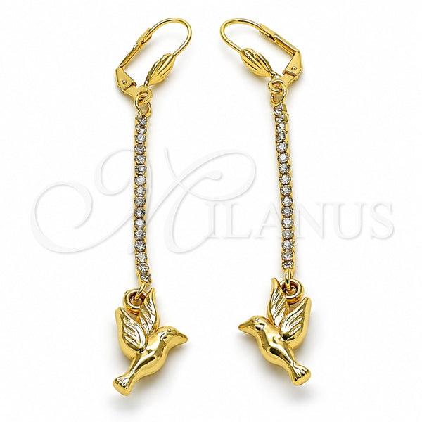 Arete Largo 5.088.003 Oro Laminado, Diseño de Pajaro, con Blanca Cristal, Pulido, Tono Dorado