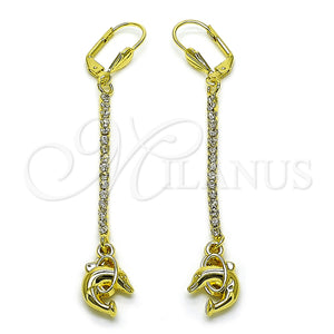 Arete Largo 5.089.008 Oro Laminado, Diseño de Delfín, con Blanca Cristal, Pulido, Tono Dorado