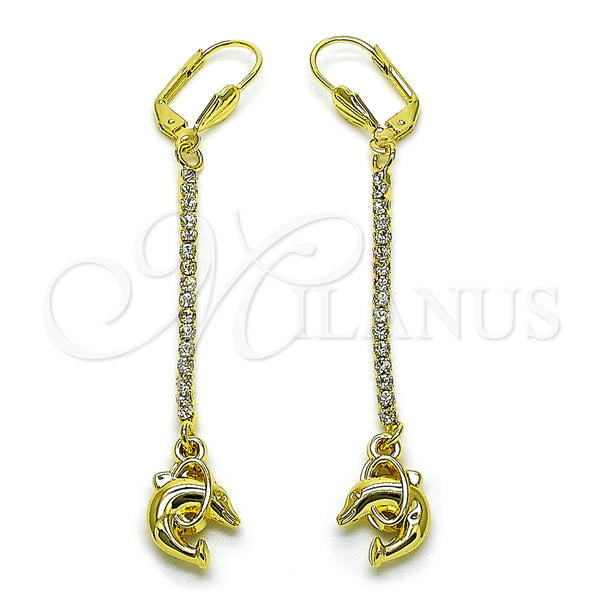 Arete Largo 5.089.008 Oro Laminado, Diseño de Delfín, con Blanca Cristal, Pulido, Tono Dorado