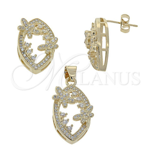 Juego de Arete y Dije de Adulto 10.156.0050 Oro Laminado, Diseño de Flor, con Blanca Micro Pave, Pulido, Tono Dorado