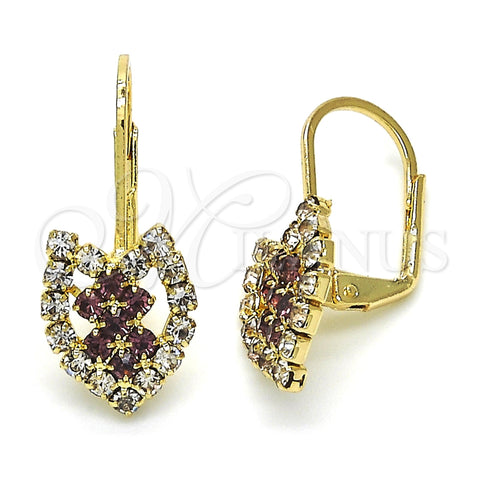 Arete Gancho Frances 5.125.001.1 Oro Laminado, Diseño de Corazón, con Amatista and Blanca Cristal, Pulido, Tono Dorado
