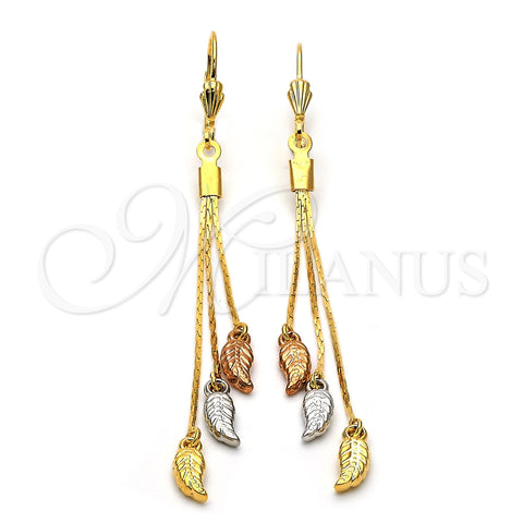 Arete Largo 5.071.010 Oro Laminado, Diseño de Oja, Diamantado, Tres Tonos