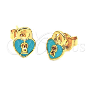 Arete Dormilona 02.64.0202 *PROMO* Oro Laminado, Diseño de Corazón, Esmaltado Turquesa, Tono Dorado