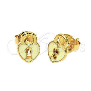 Arete Dormilona 02.64.0204 *PROMO* Oro Laminado, Diseño de Corazón, Esmaltado Blanco, Tono Dorado