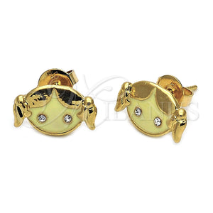 Arete Dormilona 02.64.0206 *PROMO* Oro Laminado, Diseño de Niñita Pequeña, con Blanca Cristal, Esmaltado Amarillo, Tono Dorado