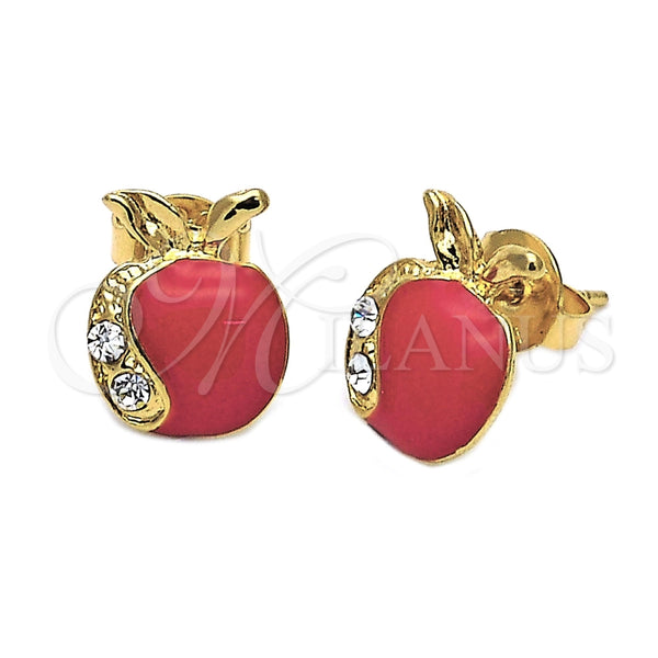 Arete Dormilona 02.64.0207 Oro Laminado, Diseño de Manzana, con Blanca Cristal, Esmaltado Rojo, Tono Dorado