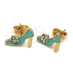 Arete Dormilona 02.64.0208 *PROMO* Oro Laminado, Diseño de Zapato y Flor, con Blanca Cristal, Esmaltado Azul, Tono Dorado