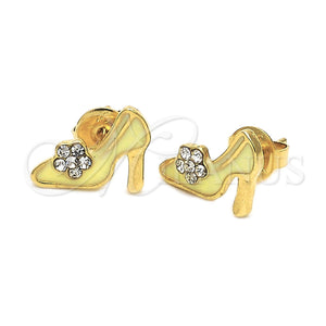 Arete Dormilona 02.64.0210 *PROMO* Oro Laminado, Diseño de Zapato y Flor, con Blanca Cristal, Esmaltado Amarillo, Tono Dorado