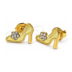 Arete Dormilona 02.64.0210 *PROMO* Oro Laminado, Diseño de Zapato y Flor, con Cristal Blanca, Esmaltado Amarillo, Tono Dorado