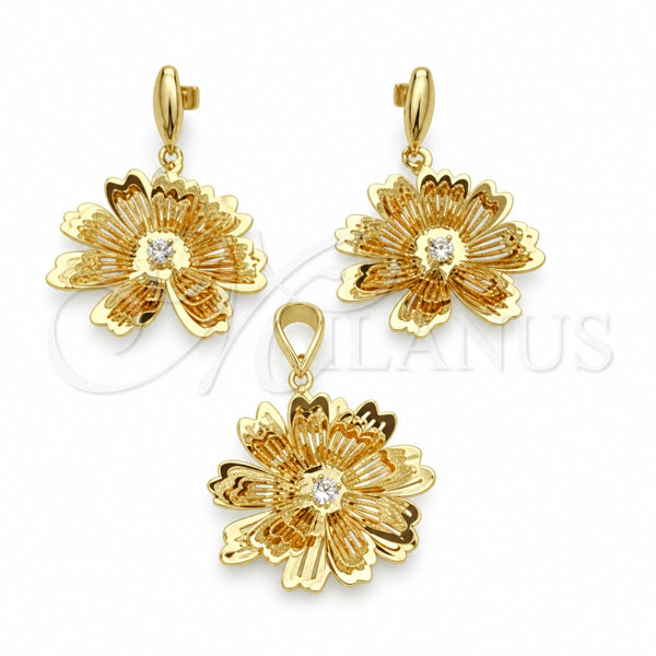 Juego de Arete y Dije de Adulto 5.043.004 Oro Laminado, Diseño de Flor, con Blanca Zirconia Cubica, Pulido, Tono Dorado