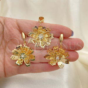 Juego de Arete y Dije de Adulto 5.043.004 Oro Laminado, Diseño de Flor, con Blanca Zirconia Cubica, Pulido, Tono Dorado