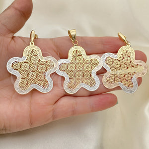 Juego de Arete y Dije de Adulto 5.044.001 Oro Laminado, Diseño de Flor, Pulido, Tres Tonos