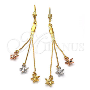 Arete Largo 5.099.008 Oro Laminado, Diseño de Estrella, Pulido, Tres Tonos