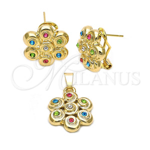 Juego de Arete y Dije de Adulto 5.053.001 Oro Laminado, Diseño de Flor, con Blanca Cristal, Pulido, Tono Dorado