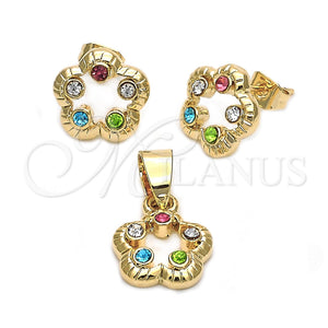 Juego de Arete y Dije de Adulto 5.052.013 Oro Laminado, Diseño de Flor, con Blanca Cristal, Pulido, Tono Dorado
