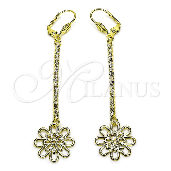 Arete Largo 5.087.001.1 Oro Laminado, Diseño de Flor, con Blanca Cristal, Diamantado, Tono Dorado