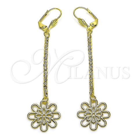 Arete Largo 5.087.001.1 Oro Laminado, Diseño de Flor, con Blanca Cristal, Diamantado, Tono Dorado