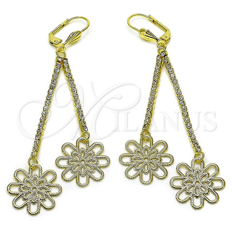 Arete Largo 5.075.002.1 Oro Laminado, Diseño de Flor, con Blanca Cristal, Diamantado, Tono Dorado