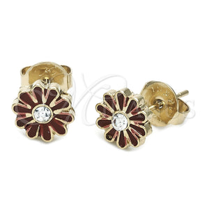 Arete Dormilona 02.64.0224 *PROMO* Oro Laminado, Diseño de Flor, con Blanca Cristal, Esmaltado Rojo, Tono Dorado