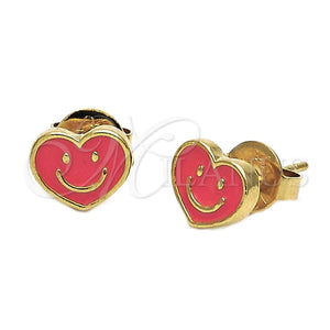 Arete Dormilona 02.64.0234 *PROMO* Oro Laminado, Diseño de Corazón y Carita Feliz, Esmaltado Naranja, Tono Dorado