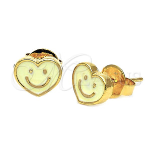 Arete Dormilona 02.64.0235 *PROMO* Oro Laminado, Diseño de Corazón y Carita Feliz, Esmaltado Blanco, Tono Dorado