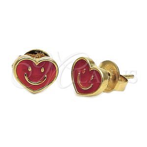 Arete Dormilona 02.64.0236 *PROMO* Oro Laminado, Diseño de Corazón y Carita Feliz, Esmaltado Rojo, Tono Dorado