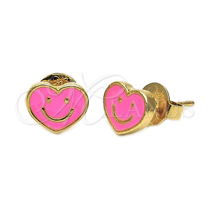 Arete Dormilona 02.64.0237 *PROMO* Oro Laminado, Diseño de Corazón y Carita Feliz, Esmaltado Rosado, Tono Dorado