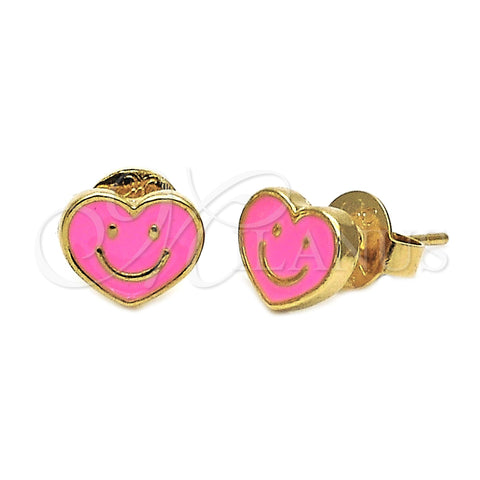 Arete Dormilona 02.64.0237 *PROMO* Oro Laminado, Diseño de Corazón y Carita Feliz, Esmaltado Rosado, Tono Dorado