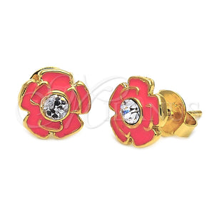 Arete Dormilona 02.64.0260 *PROMO* Oro Laminado, Diseño de Flor, con Blanca Cristal, Esmaltado Naranja, Tono Dorado