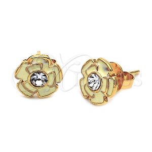 Arete Dormilona 02.64.0262 *PROMO* Oro Laminado, Diseño de Flor, Esmaltado Blanco, Tono Dorado