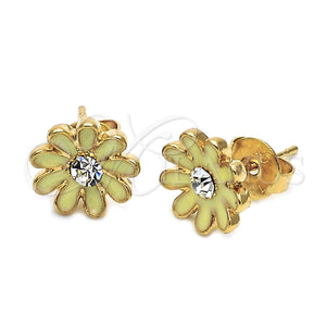 Arete Dormilona 02.64.0266 *PROMO* Oro Laminado, Diseño de Flor, con Blanca Cristal, Esmaltado Verde, Tono Dorado