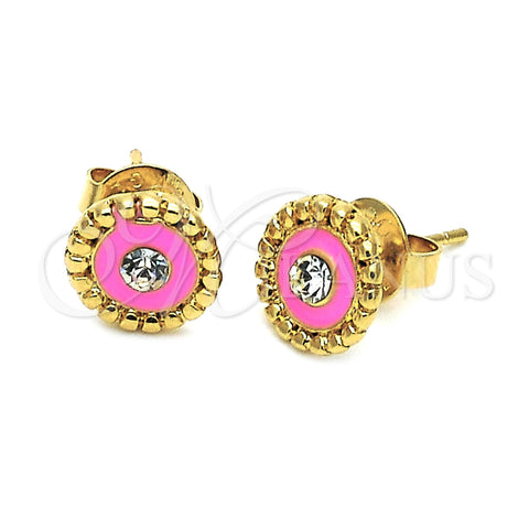 Arete Dormilona 02.64.0269 *PROMO* Oro Laminado, Diseño de Flor, con Blanca Cristal, Esmaltado Rosado, Tono Dorado