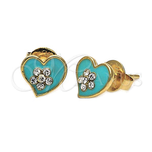Arete Dormilona 02.64.0272 *PROMO* Oro Laminado, Diseño de Corazón y Flor, con Blanca Cristal, Esmaltado Acqua, Tono Dorado