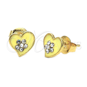Arete Dormilona 02.64.0274 *PROMO* Oro Laminado, Diseño de Corazón y Flor, con Blanca Cristal, Esmaltado Amarillo, Tono Dorado
