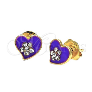 Arete Dormilona 02.64.0277 *PROMO* Oro Laminado, Diseño de Corazón y Flor, con Blanca Cristal, Esmaltado Violeta, Tono Dorado