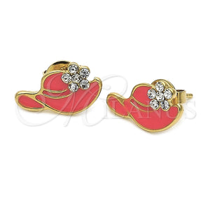 Arete Dormilona 02.64.0279 *PROMO* Oro Laminado, Diseño de Sombrero y Flor, con Blanca Cristal, Esmaltado Naranja, Tono Dorado