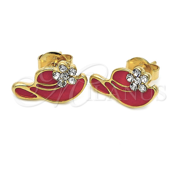 Arete Dormilona 02.64.0281 *PROMO* Oro Laminado, Diseño de Sombrero y Flor, con Blanca Cristal, Esmaltado Rojo, Tono Dorado